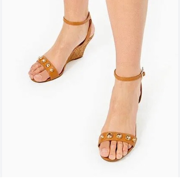 Lilly Pulitzer Natasha Wedge Shoe Leather Auburn Tan Crystal Embellished 7 NEW - Picture 2 of 15